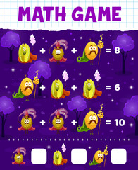 Poster - Carambola, durian and melon wizard characters math game worksheet, education maze. Cartoon vector educational mathematics riddle for kids learning addition, school puzzle with funny fruit magicians