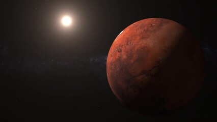Wall Mural - Wide-field view of mars and the sun in outer space. Close up on the surface of rotating Mars.