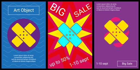 Poster - Trendy retro posters for organizing sales and other events. Large adhesive plaster symbol in the center of each poster. Vector illustration on black background