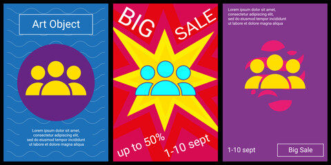 Poster - Trendy retro posters for organizing sales and other events. Large people symbol in the center of each poster. Vector illustration on black background