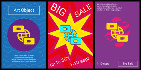 Poster - Trendy retro posters for organizing sales and other events. Large videoconference symbol in the center of each poster. Vector illustration on black background