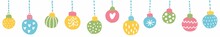 Vector Horizontal Illustration With Christmas Decorations, Christmas Tree Toys, Balloons, Hand-drawn.