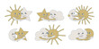 Set of vector isolated weather illustrations. Cute collection of happy embrace cloud sun star and moon icons
