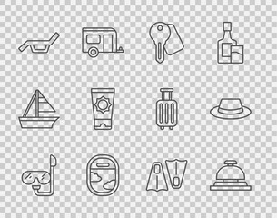 Poster - Set line Diving mask and snorkel, Hotel service bell, door lock key, Airplane window, Sunbed umbrella, Sunscreen cream tube, Rubber flippers for swimming and Man hat with ribbon icon. Vector