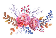 Watercolor Roses Arrangement. Autumn Composition Of Two Pink Flowers