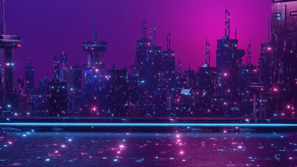 Wall Mural - technology futuristic cyberpunk cityscape of urban area, 3d render