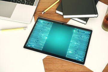 Aufkleber - Creative abstract micro circuit sketch on modern digital tablet screen, future technology and AI concept. Top view. 3D Rendering
