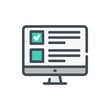 © NikWB - Online exam and Survey form on computer display color line icon. PC with check box and tick vector outline colorful sign.