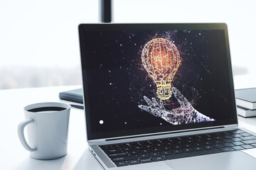 Poster - Modern computer monitor with creative light bulb hologram, research and development concept. 3D Rendering