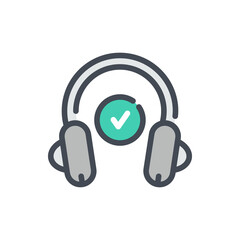 Fototapete - Online education and audio tutorials with check mark color line icon. Headphones with check mark vector outline colorful sign.