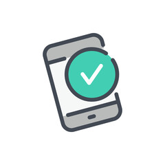 Fototapete - Mobile phone with check mark in circle color line icon. Smartphone and approval tick vector outline colorful sign.