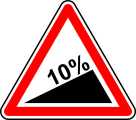 Wall Mural - Vector graphic of a uk warning of a 10% incline ahead road sign. It consists of a hill upward symbol and the incline rate contained within a red triangle