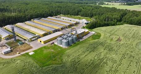 Canvas Print - aerial panoramic view and flight over silos and agro-industrial livestock complex on agro-processing and manufacturing plant with modern granary elevator. chicken farm. rows of chicken coop