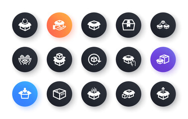 Poster - Box icons. Package, delivery boxes, cargo box. Cargo distribution, export boxes, return parcel icons. Shipment of goods, open package. Classic set. Circle web buttons. Vector