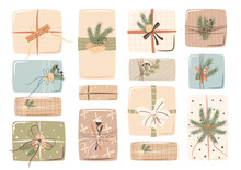 Set Of Decorated Christmas Gift Boxes. Vector Illustration