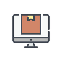 Fototapete - Online order and delivery color line icon. Computer with delivery box vector outline colorful sign.