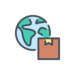 Fototapete - Worldwide shipping and logistics color line icon. Globe with delivery box vector outline colorful sign.