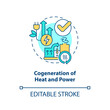 Cogeneration of heat and power concept icon. Combined engine. Energy efficiency abstract idea thin line illustration. Isolated outline drawing. Editable stroke. Arial, Myriad Pro-Bold fonts used
