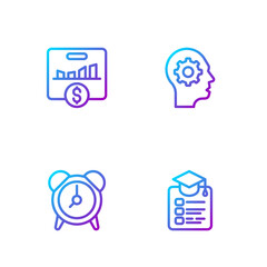 Poster - Set line Online education, Alarm clock, Key performance indicator and Human head with gear inside. Gradient color icons. Vector