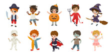Set Of Cute Kids In Halloween Costume. Cartoon Dressed Up Children Bundle. Funny Halloween Costumes Collection.