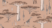 Savannah Landscape: Giraffe ,ground Squirrel , Antilope In Wild Nature, African Plants, Baobab Tree Seamless Pattern  . Vector