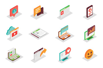 Leinwandbilder - Blog concept 3d isometric icons set. Bundle elements of profile in social media, message in chat, video content, article, post, sharing, link and other. Vector illustration in modern isometry design
