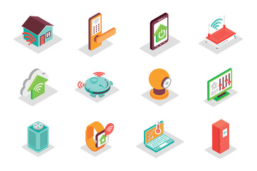 Aufkleber - Smart Home concept 3d isometric icons set. Bundle elements of remote monitoring, automation, security system, electronic control, settings and other. Vector illustration in modern isometry design