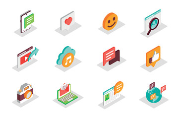 Leinwandbilder - Social media concept 3d isometric icons set. Bundle elements of comment, emoji, search, sharing link, video content, music cloud streaming and other. Vector illustration in modern isometry design