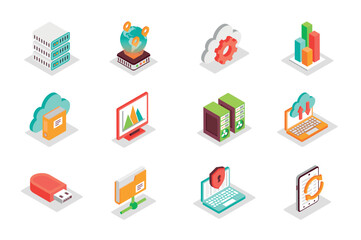 Fototapete - Big Data concept 3d isometric icons set. Bundle elements of server, internet, cloud, chart, information, graph, memory, folder, datum analysis and other. Vector illustration in modern isometry design