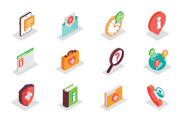 Leinwandbilder - Customer support concept 3d isometric icons set. Bundle elements of help center, emergency, chat, info, aid, client call, contact, hotline and other. Vector illustration in modern isometry design