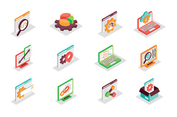 Aufkleber - Digital development and SEO concept 3d isometric icons set. Bundle elements of code, optimization, chart, graph, settings, speed, search, link and other. Vector illustration in modern isometry design