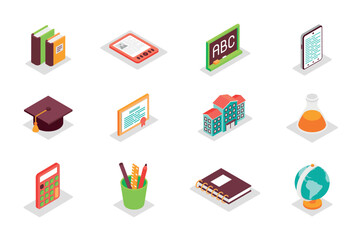 Poster - Education concept 3d isometric icons set. Bundle elements of textbook, blackboard, graduation hat, diploma, school, university, stationery and other. Vector illustration in modern isometry design