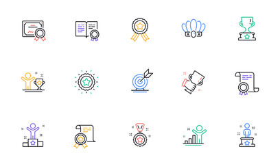 Poster - success line icons set. certificate, winner cup, goal target. reward, medal with ribbon, crown icons