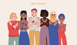 A group of women of different nationalities with their hands crossed. Break The Bias campaign. International Women's Day. Movement against discrimination and stereotypes. Flat vector