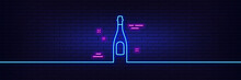Neon Light Glow Effect. Champagne Bottle Line Icon. Anniversary Alcohol Sign. Celebration Event Drink. 3d Line Neon Glow Icon. Brick Wall Banner. Champagne Outline. Vector