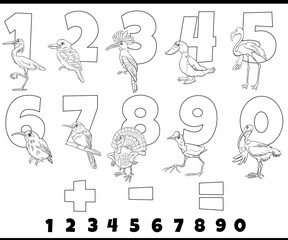 Wall Mural - educational numbers set with comic birds coloring page