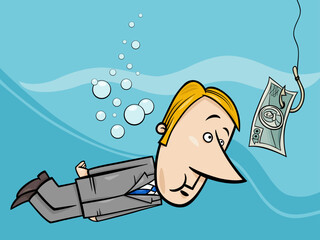 Wall Mural - cartoon businessman underwater and banknote as a fish bait