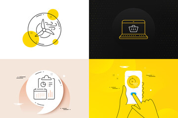 Poster - Minimal set of Quick tips, Online shopping and Report line icons. Phone screen, Quote banners. Windmill turbine icons. For web development. Vector