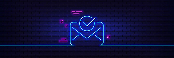 Aufkleber - Neon light glow effect. Approved mail line icon. Accepted or confirmed sign. Document symbol. 3d line neon glow icon. Brick wall banner. Approved mail outline. Vector