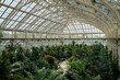 Wide-angle shot of interior view of an orangery with exotic plants