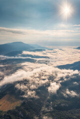 Wall Mural - Amazing aerial view of beautiful low clouds creeping on the tree-covered mountain slopes, the Rhodopes in Bulgaria at sunrise.