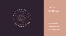 Photo Camera Lens Logo Emblem Design Template Vector Illustration In Minimal Line Art Style