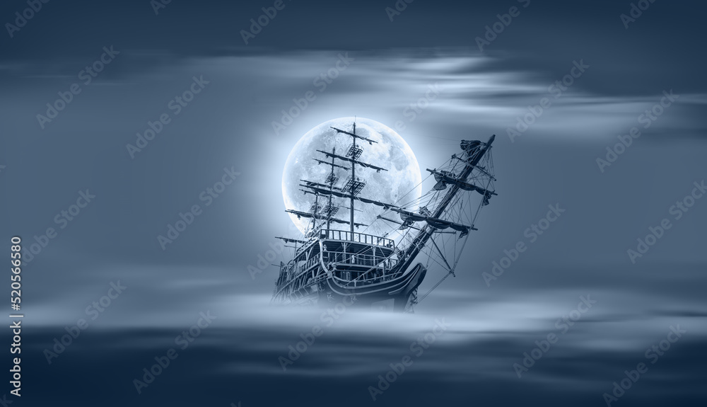 Sailing old ship in storm sea at sunset - Night sky with moon in the ...