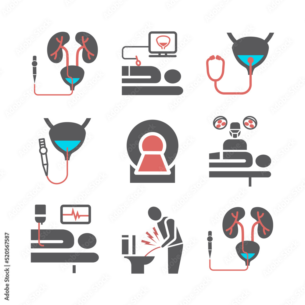 Bladder Cancer icons set. Symptoms, Causes, Treatment. Vector signs for ...