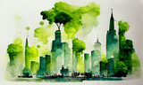 Fototapeta  - green city concept, watercolour illustration, digital art