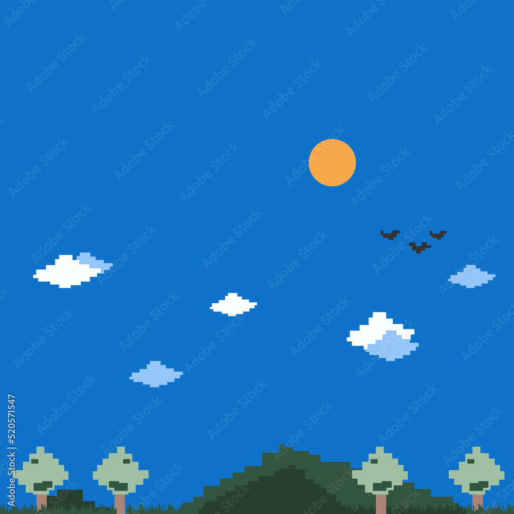 Pixel game landscape with trees, sky and clouds for 8 bit vintage ...