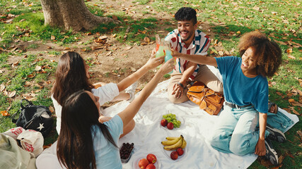 Wall Mural - Happy smiling young multinational people at picnic on summer day outdoors. Friends have fun weekend together, relaxing in the park at picnic