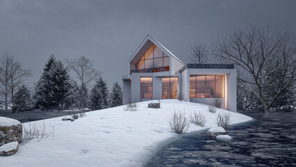 Wall Mural - 3D rendering illustration of modern house with snow landscape