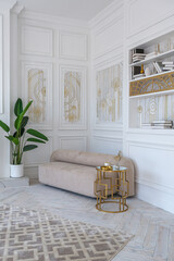 Wall Mural - snow-white luxury apartment interior with Egyptian-style decor with light stylish furniture. huge panoramic windows and an archway. minimalism and simplicity with the elegance of modern housing design