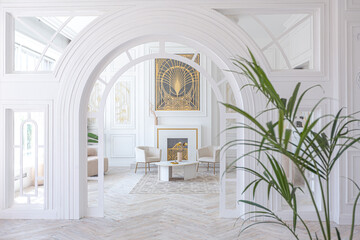 Wall Mural - snow-white luxury apartment interior with Egyptian-style decor with light stylish furniture. huge panoramic windows and an archway. minimalism and simplicity with the elegance of modern housing design